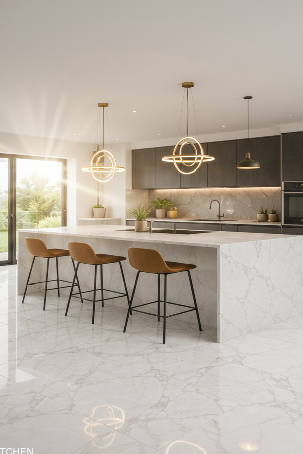A modern kitchen interior with a large white marble island, three brown bar stools, dark cabinetry, pendant lights, and a bright window on the left.